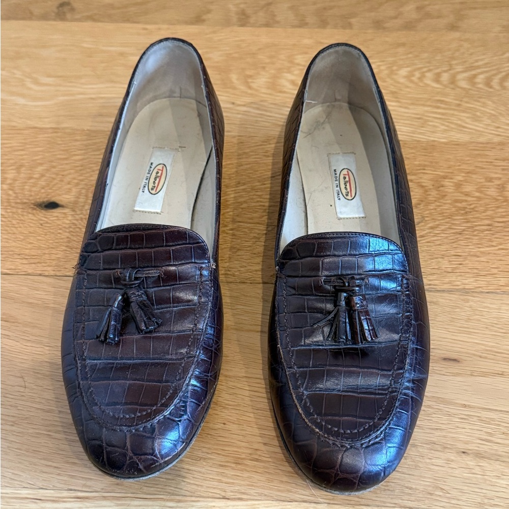 Talbots Made in Italy Brown Croc Embossed Leather Tassel Loafers Women's 8 M